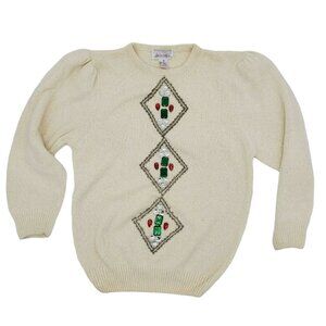 Vintage 1980s Gladys Bagley Angora Silk Jewel Beaded Ivory Sweater Medium